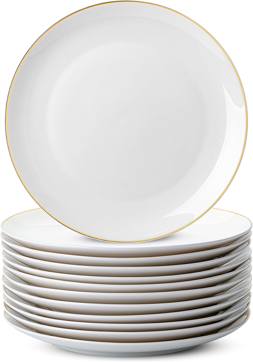 12x 10.5" White Porcelain Dinner Plates, Gold Rim