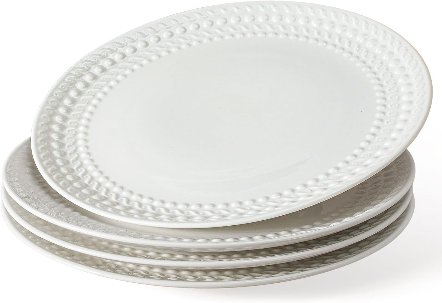 Set of 4 White Ceramic Dinner Plates - 10.75" Embossed Design