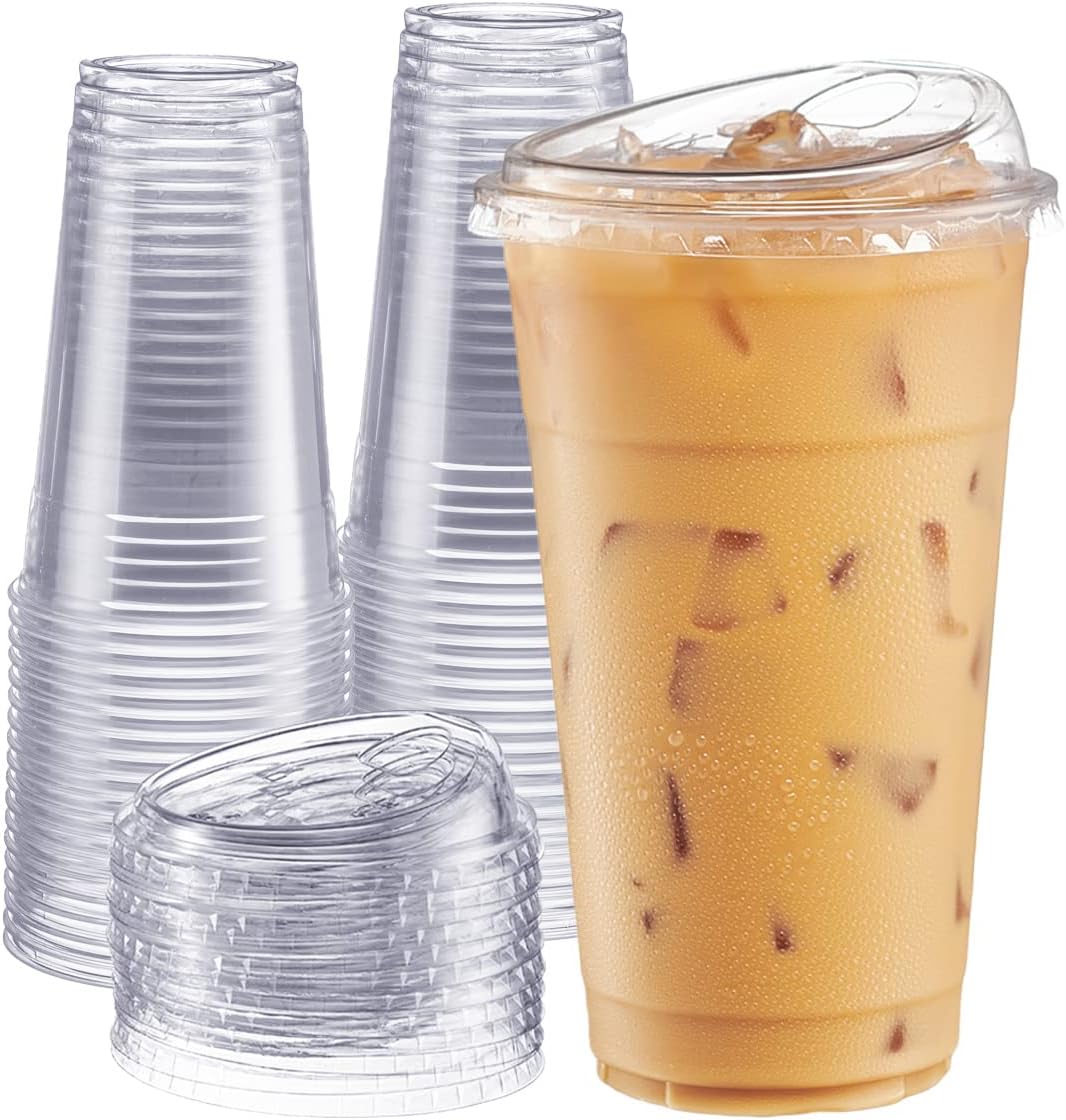 GUSTO Clear Plastic Cups w/ Strawless Sip Lids - 100 Ct
