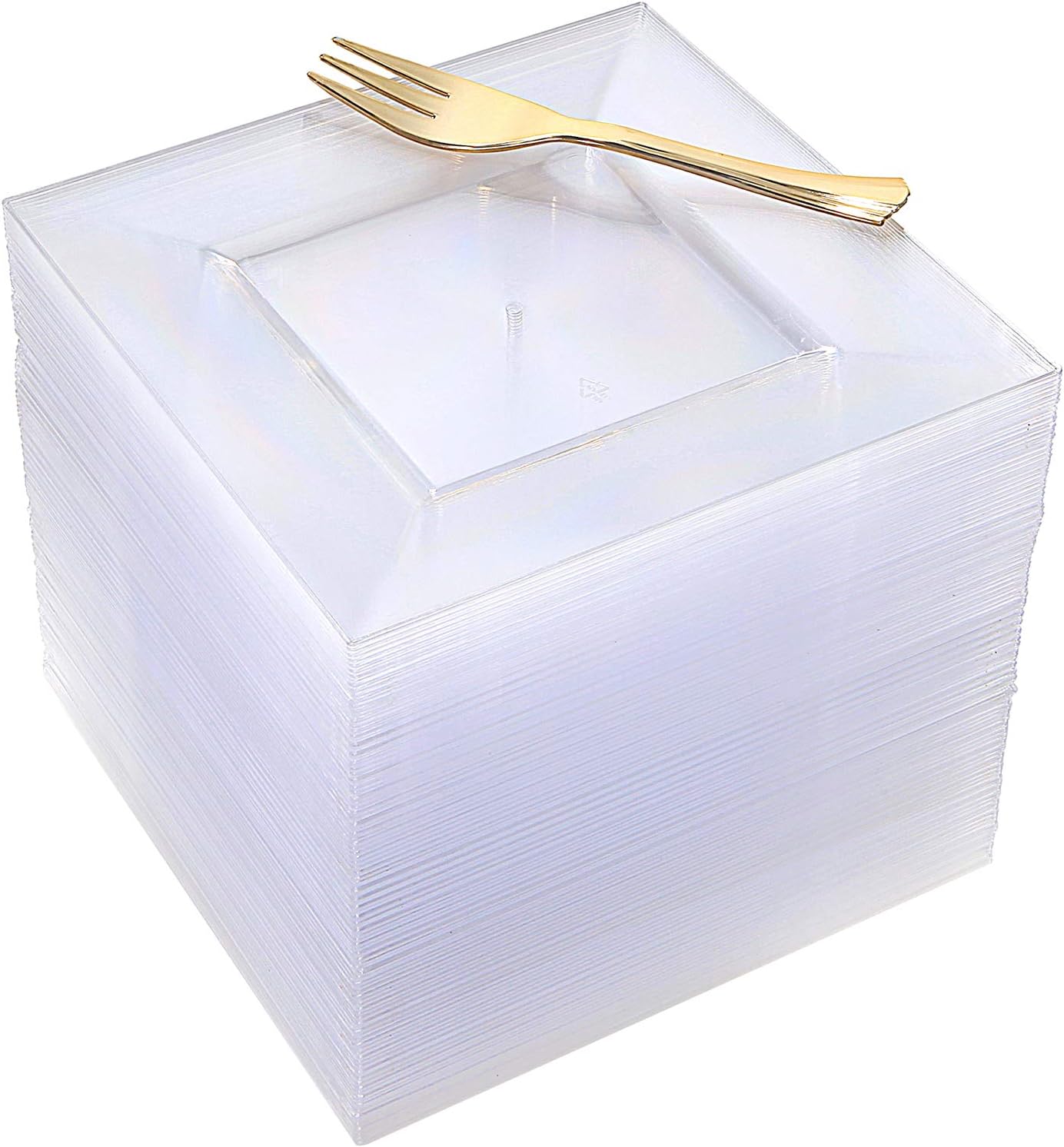 100pcs Clear Square Dessert Plates & Gold Forks